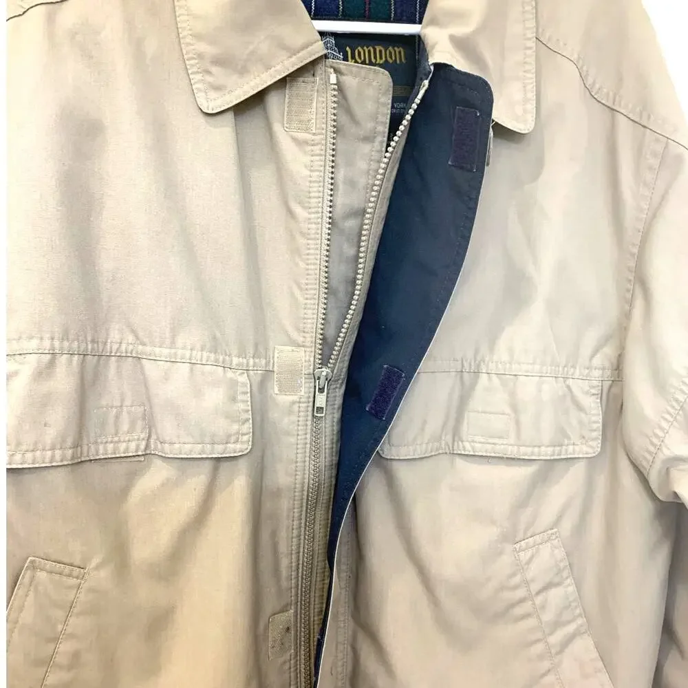 London Fog Bomber Jacket 40L Mens Gray Rain Removable Plaid Flannel Lining Zip
